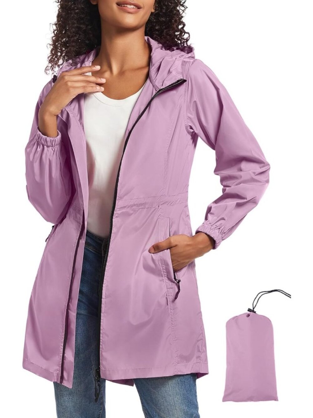 Women's Purple Hooded Waterproof Drawcord Waist Zip Pockets Packable Trench Coat